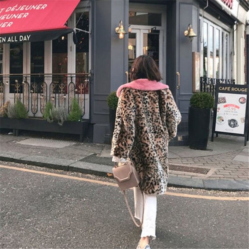 Animal Print Leopard Pink Collar Thick Warm Wide Waisted Long Overcoat Faux Fur Jacket