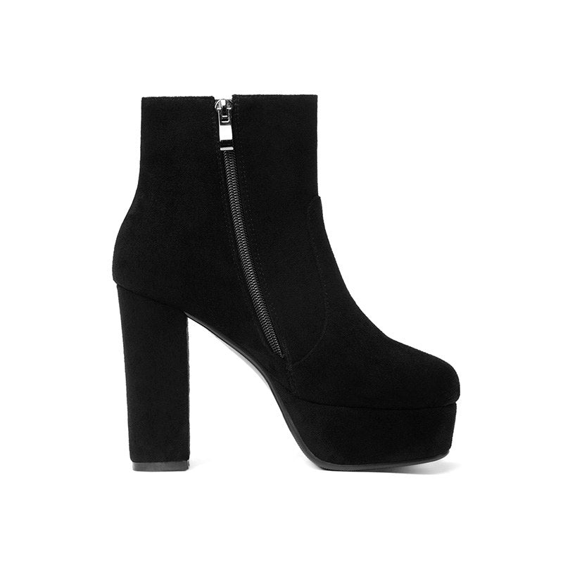 New Thick High Heel Flock Platform Zip Ankle Boots