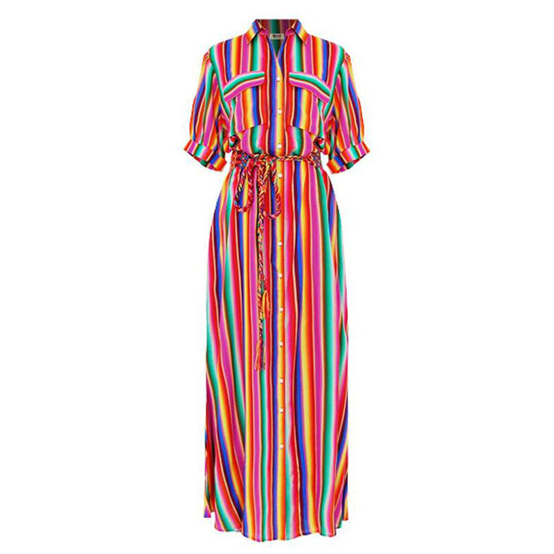 New Arrival Summer Striped Maxi Loose Button Down Bohemian Long Dress