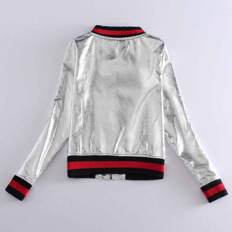 New Fashion Stand Collar Silver PU Bomber Jacket