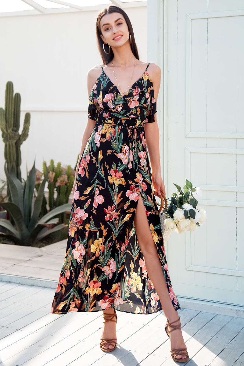 Backless Boho Split V neck ruffle floral print summer Maxi Long dress