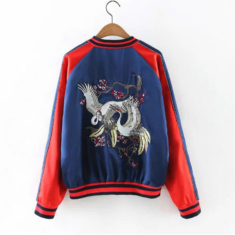 New Fall Women Vintage Flower Red Crane Embroidered Bomber Jacket