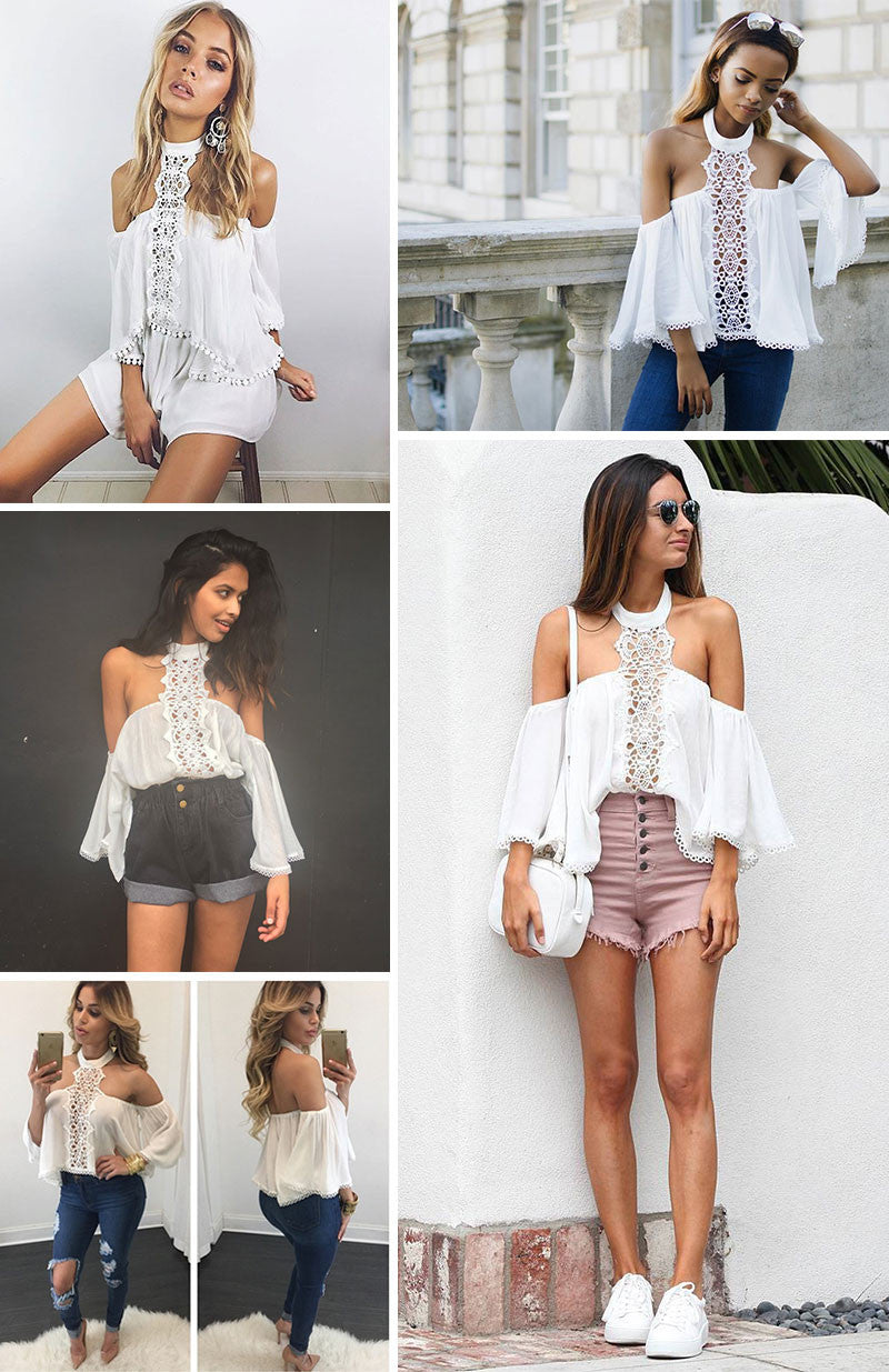 Sexy Halter White Lace Blouse Off-The-Shoulder Summer Hollow Out Flare Sleeve Blouse