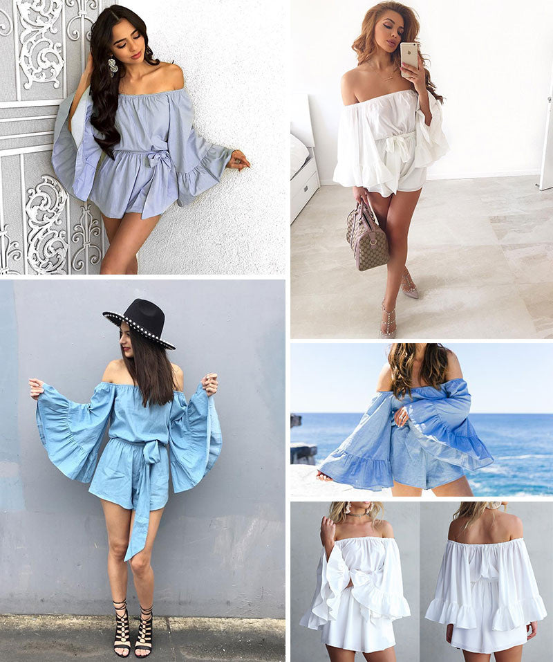 Sexy Off The Shoulder Flare Sleeve Blue Bow Ruffle Romper