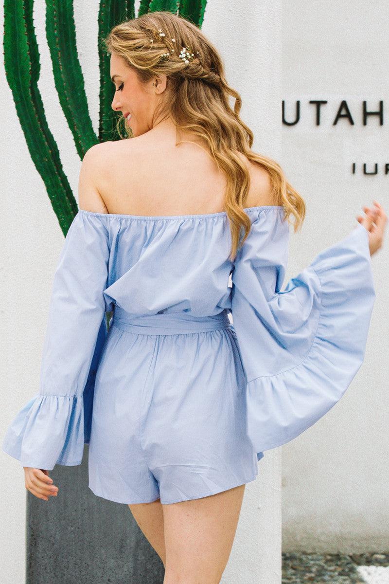 Sexy Off The Shoulder Flare Sleeve Blue Bow Ruffle Romper