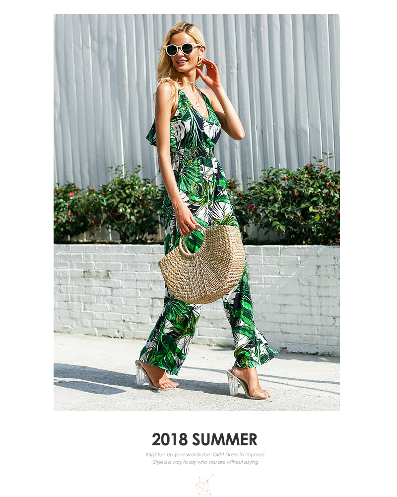 Elegant Green Ruffle Leaf Print Sexy Boho Chiffon Summer Jumpsuit