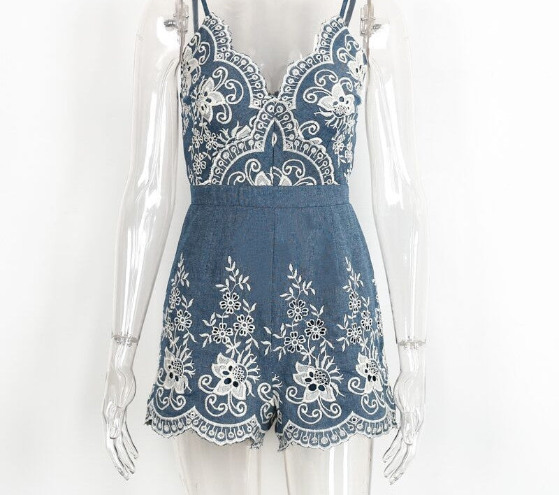 Embroidery Summer Strap Sexy Elegant Floral Romper