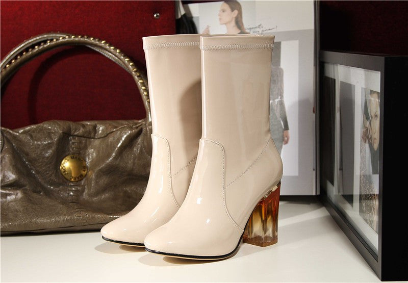 Patent Leather Transparent Perspex Square Heel Ankle Boots