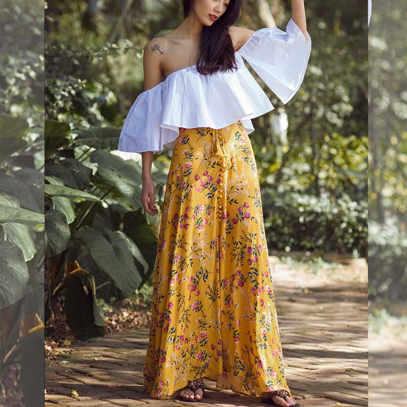 Yellow Boho Hippie Chic Inspired Floral Print Tassel Belt Elastic Long Yellow Skirt