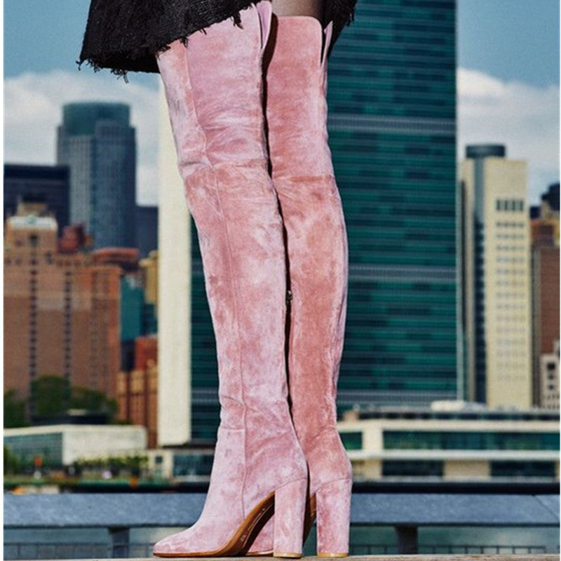 Pink/Nude Suede Thigh High Boots