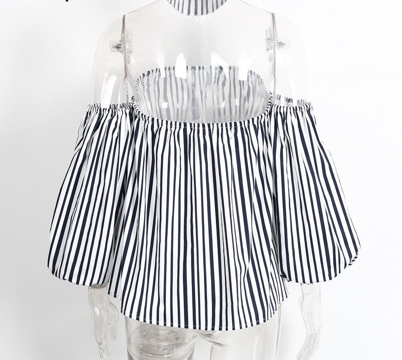 Off the Shoulder Navy Blue and White Stripe Top Billowy Sleeves w/ elastic cuffs