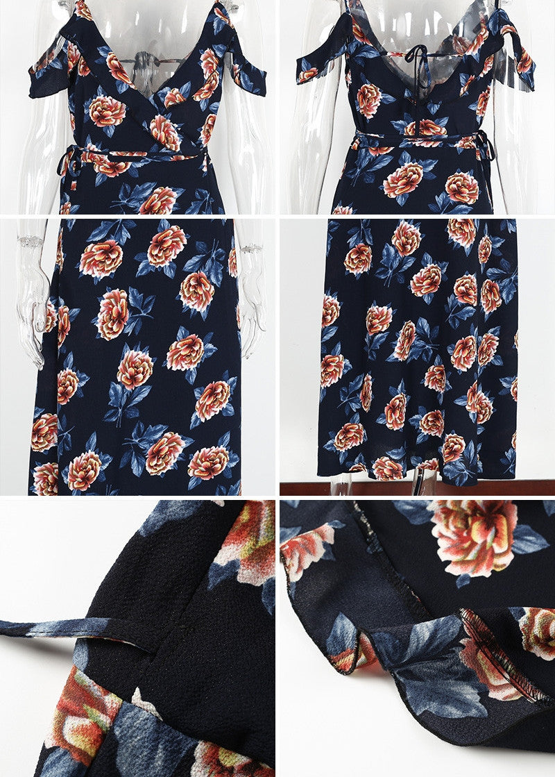Floral Print Sexy Beach Backless Ruffle Chiffon Strap V Neck Maxi Long Dress