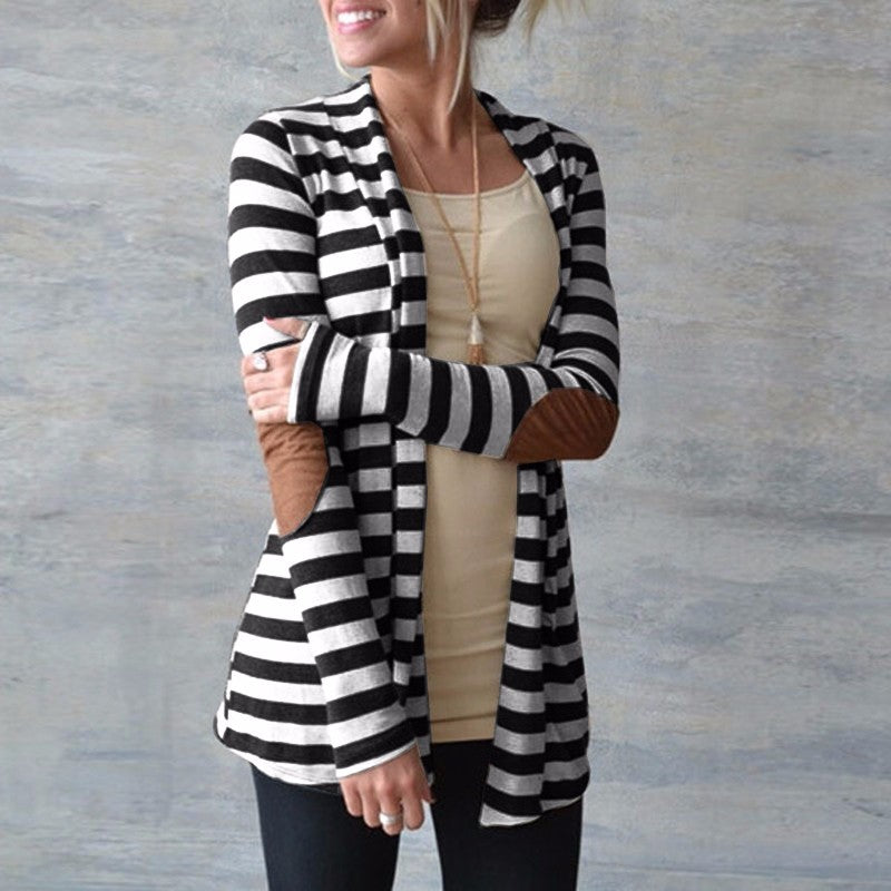Striped Cardigan Long Sleeve elbow patchwork
