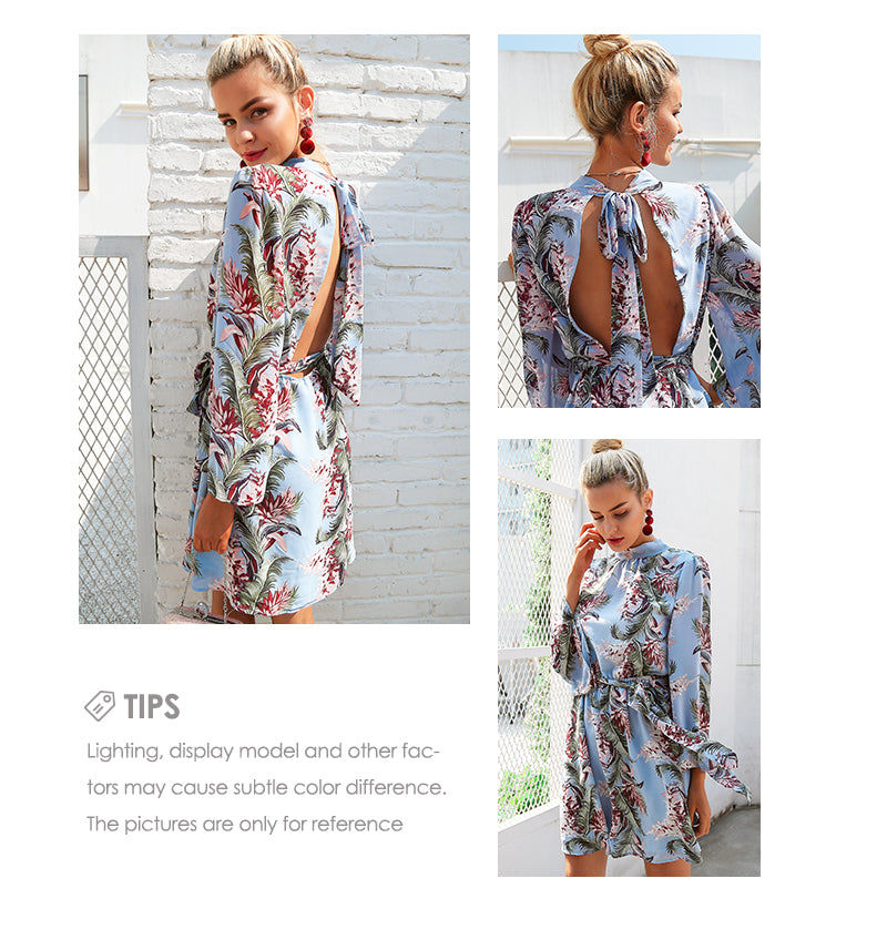 Backless Floral Print Chiffon Flared Sleeve Short Summer Dress