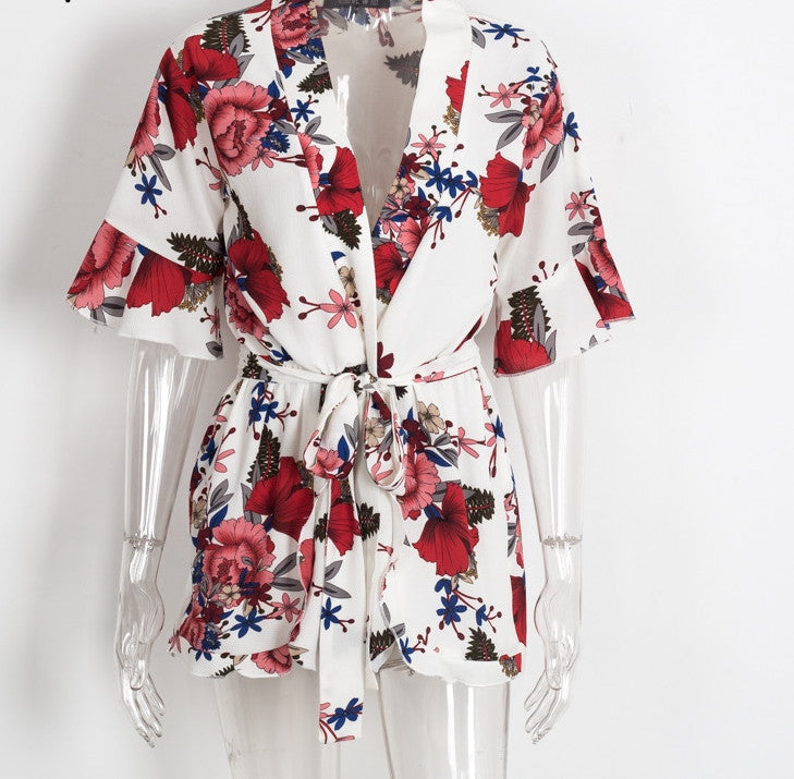Summer Beach Floral Print Sexy V Neck Half Butterfly SleeveJumpsuit Romper