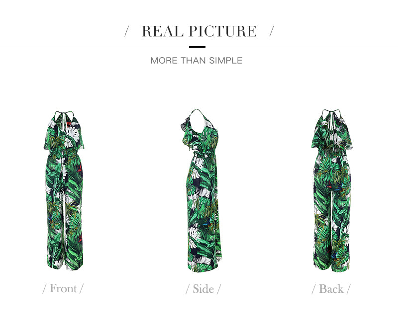 Elegant Green Ruffle Leaf Print Sexy Boho Chiffon Summer Jumpsuit