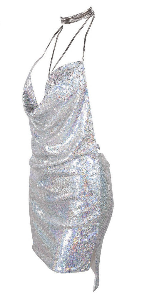 Sexy Deep-V Halter Split Sequin Backless Metal Dress