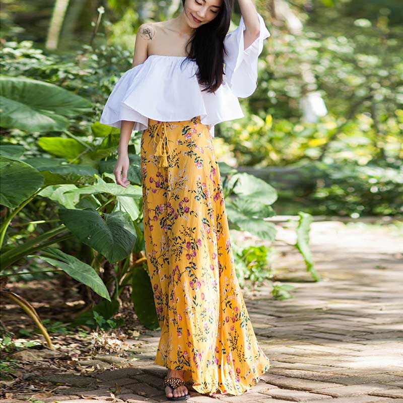 Yellow Boho Hippie Chic Inspired Floral Print Tassel Belt Elastic Long Yellow Skirt