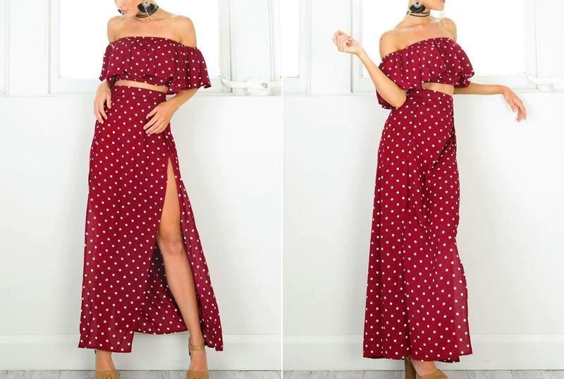 Off the Shoulder strapless Red Vintage Dot Long Skirt w/ Split Maxi Chiffon Ruffle Dress