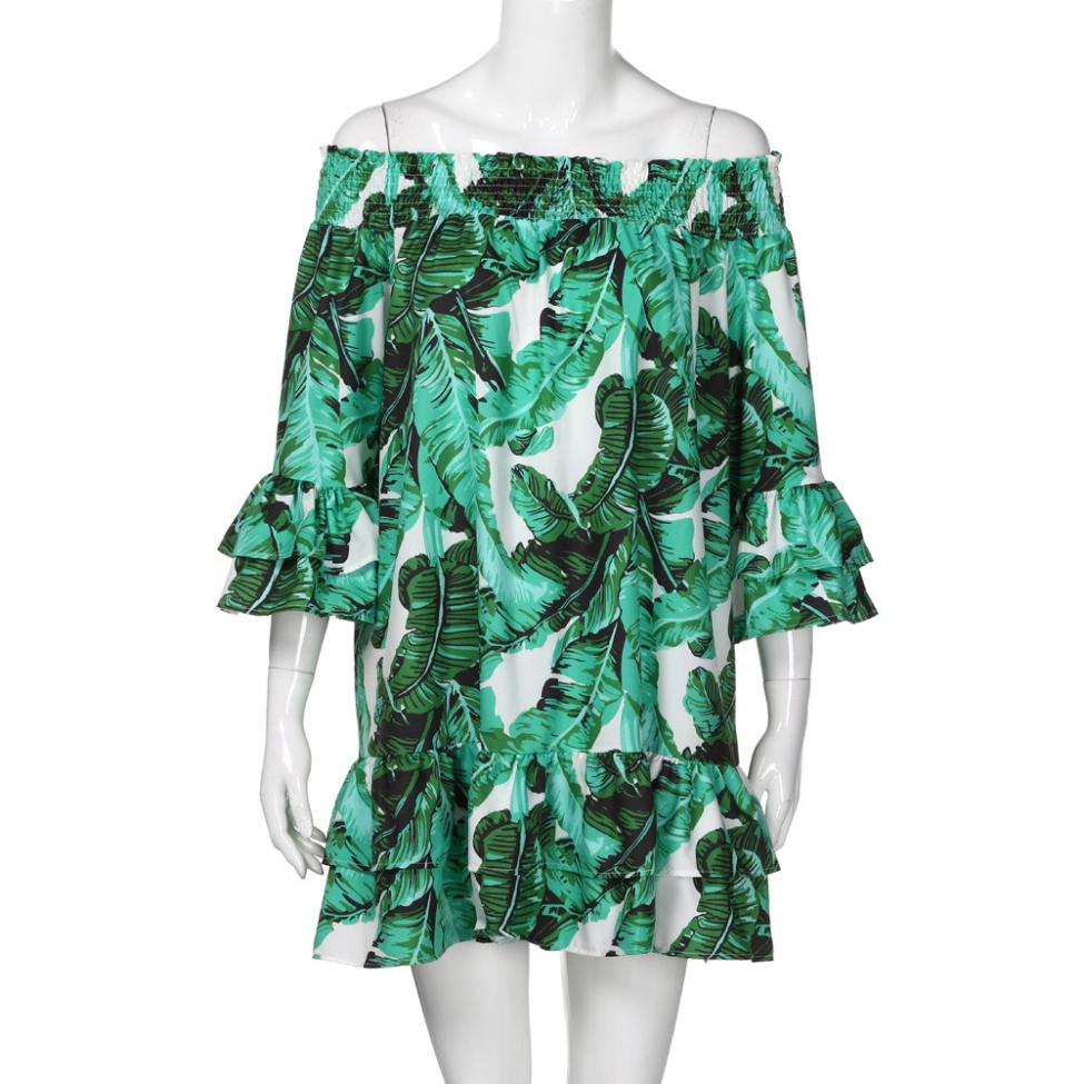 Green Leaves Printing Sexy Off the Shoulder Ruffles Dress