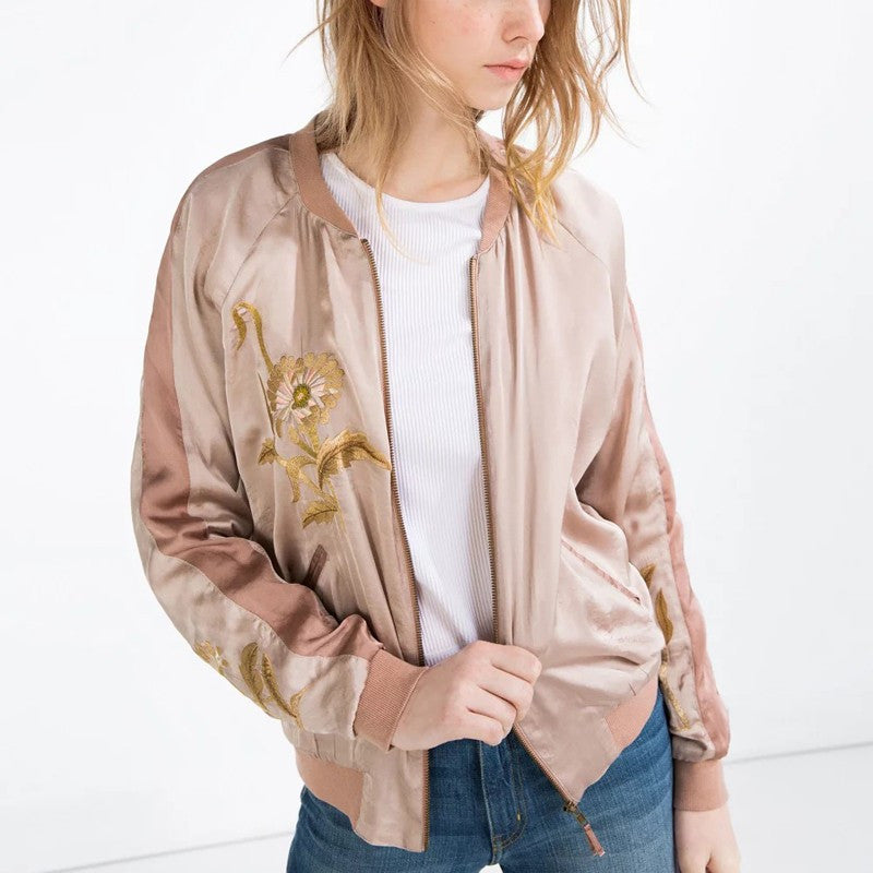 Womens Vintage Flower Embroidery Bomber Jacket