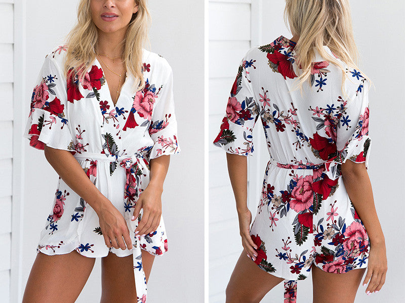 Summer Beach Floral Print Sexy V Neck Half Butterfly SleeveJumpsuit Romper