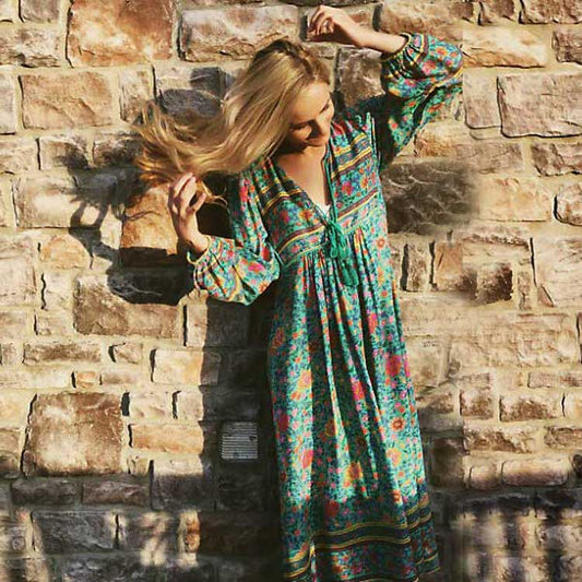 Boho Inspired Summer Bohemian Floral Long Sleeve Tassel V-Neck Loose Hippie Dress