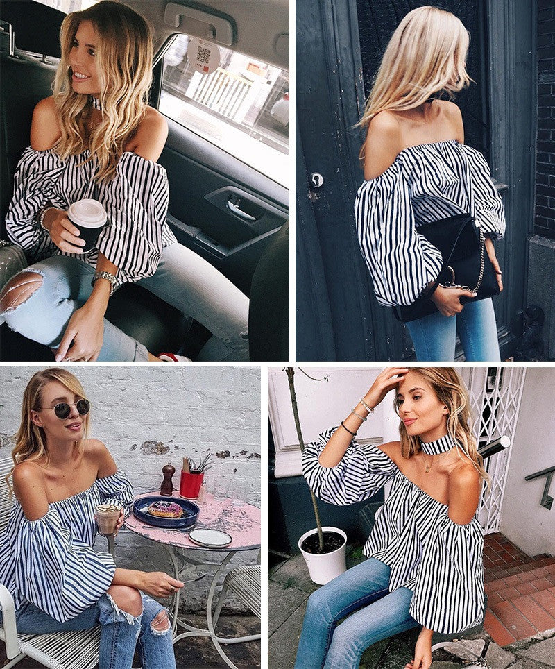 Off the Shoulder Navy Blue and White Stripe Top Billowy Sleeves w/ elastic cuffs