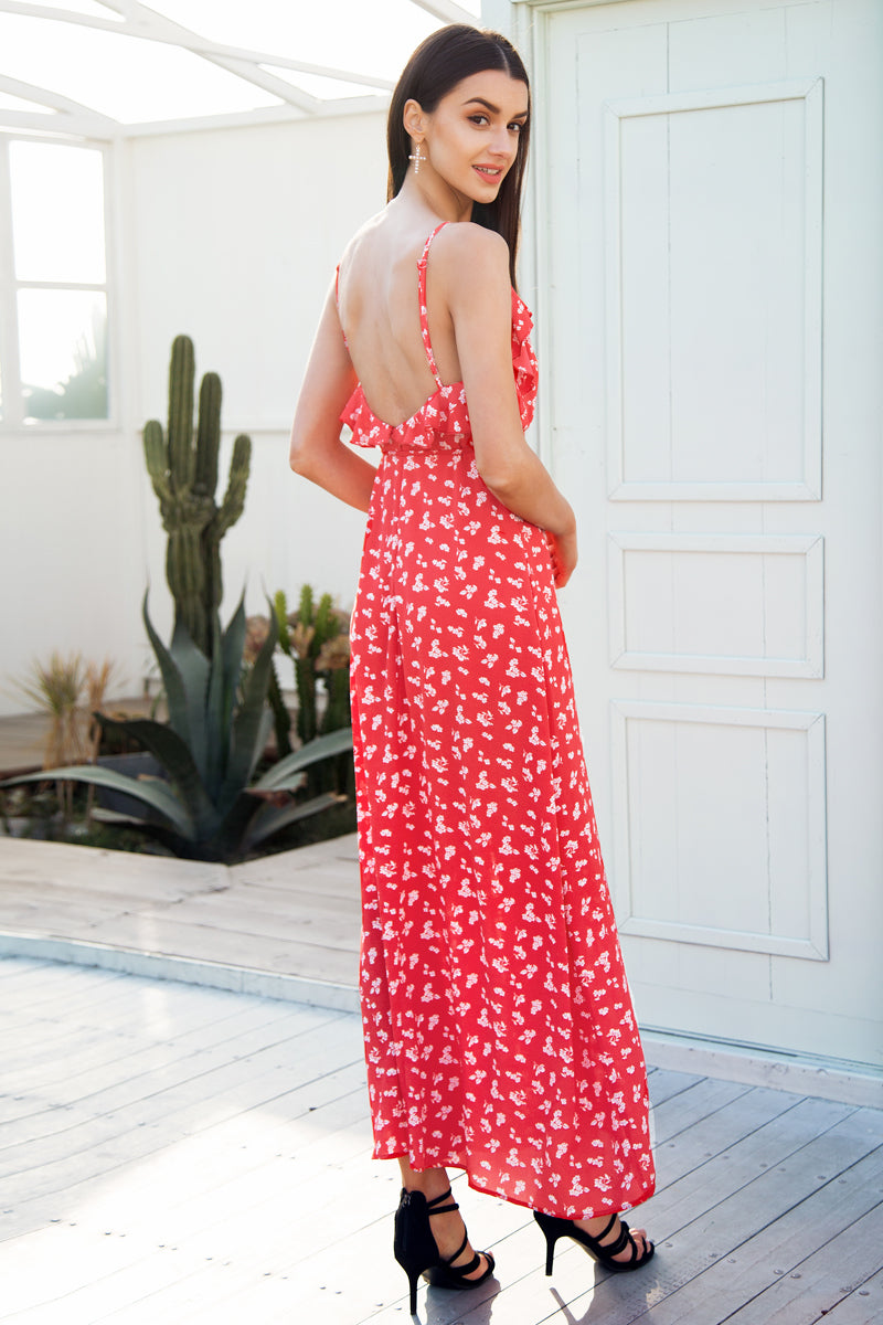 Backless Boho Split V neck ruffle floral print summer Maxi Long dress