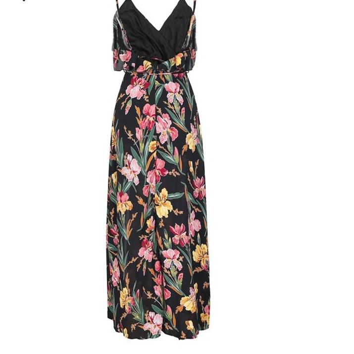 Backless Boho Split V neck ruffle floral print summer Maxi Long dress