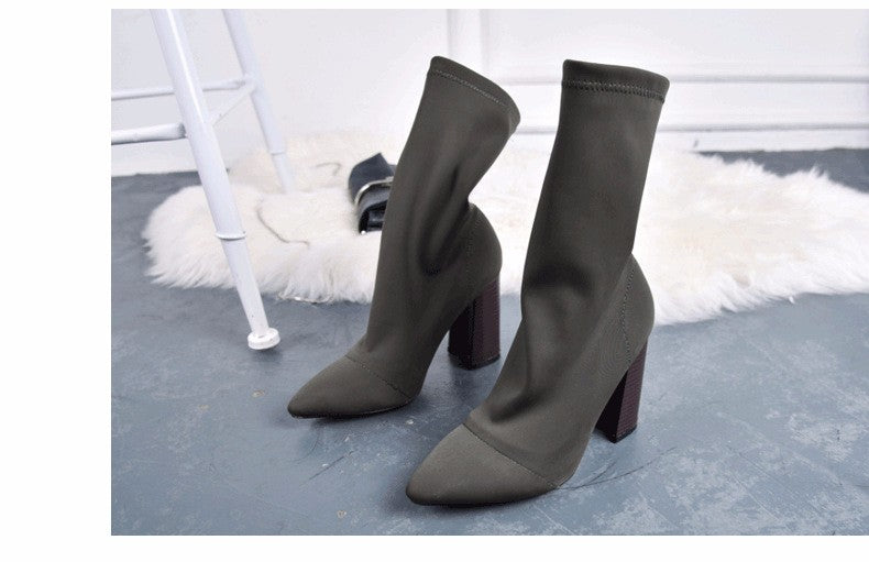 Pointed Toe Thick High Heel Socks Ankle Boots