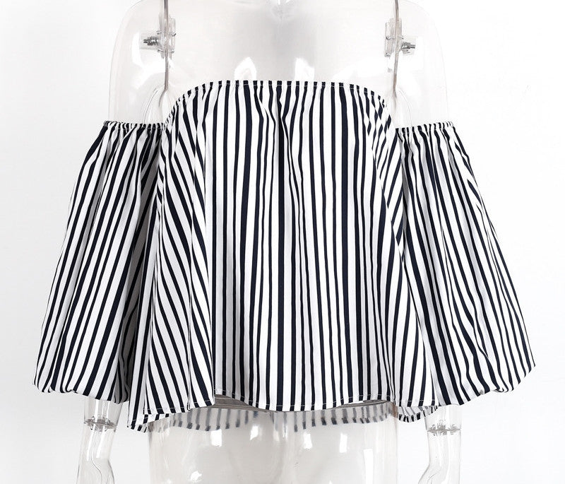 Off the Shoulder Navy Blue and White Stripe Top Billowy Sleeves w/ elastic cuffs