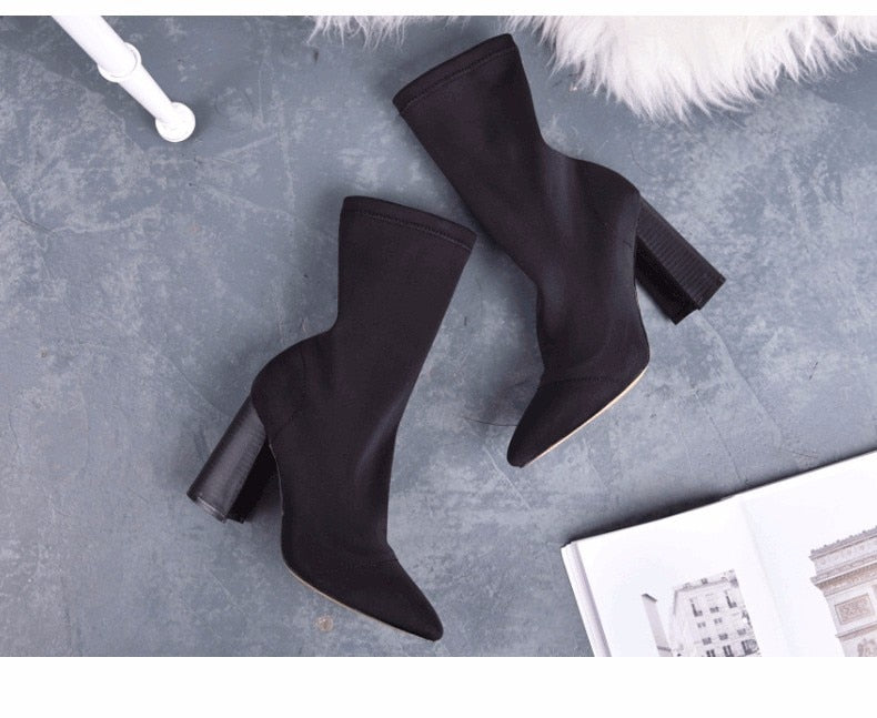 Pointed Toe Thick High Heel Socks Ankle Boots