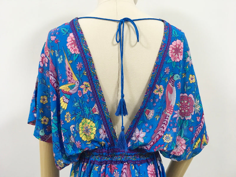Boho Sexy V-Neck Tassel Short Sleeve Blue Bird Floral Long Bohemian Summer Dress