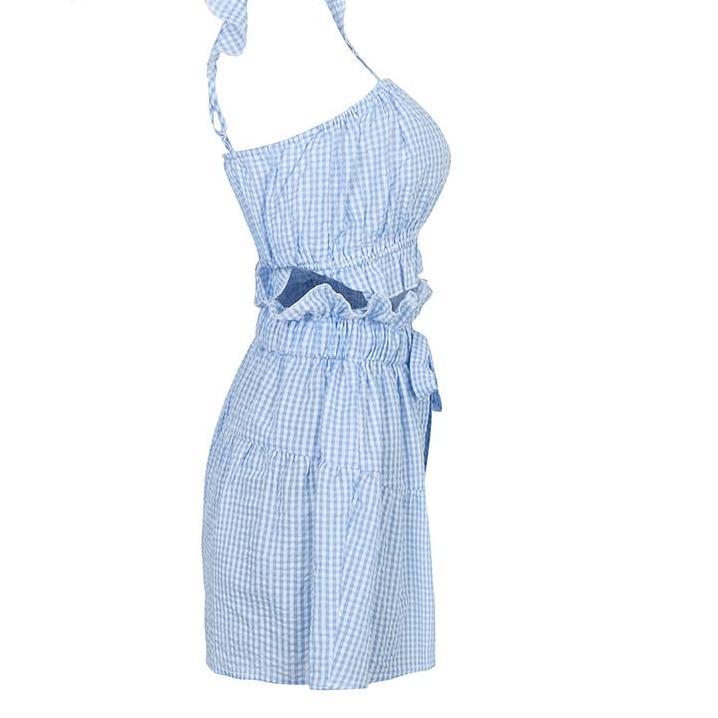 Casual strap ruffled plaid two piece sexy beach short & blouse outfit