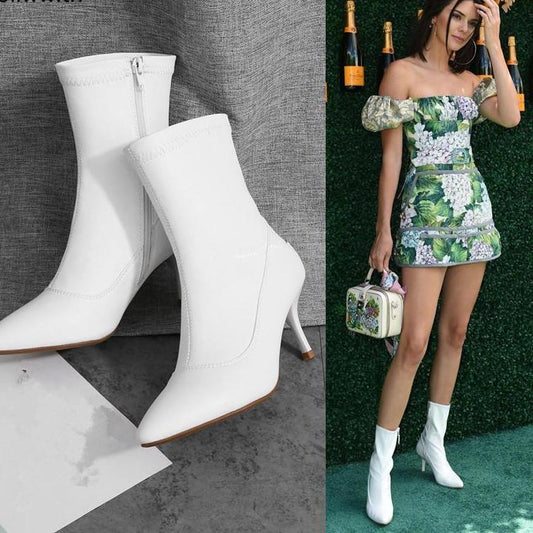 New 2018 Women Socks Slip On Ankle Leather White Boots