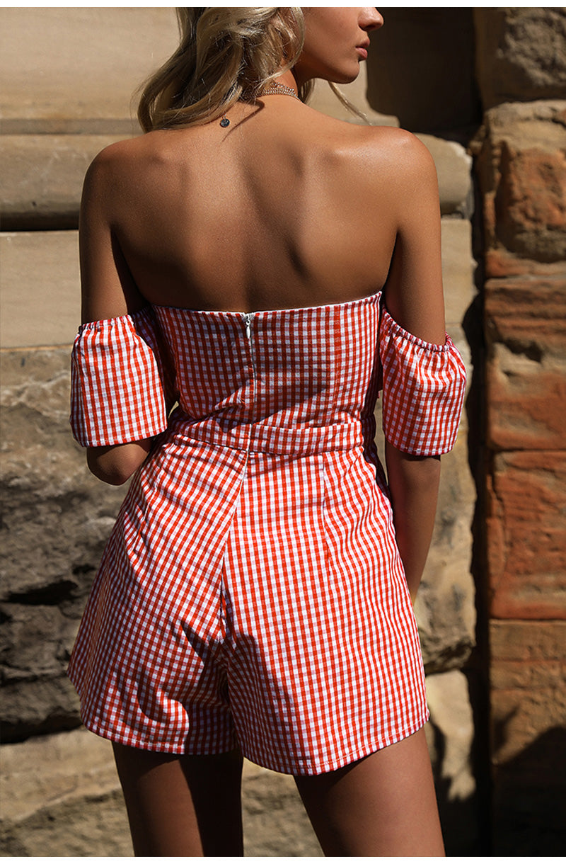 Off the shoulder plaid romper jumpsuit Sexy Bow High waist shorts