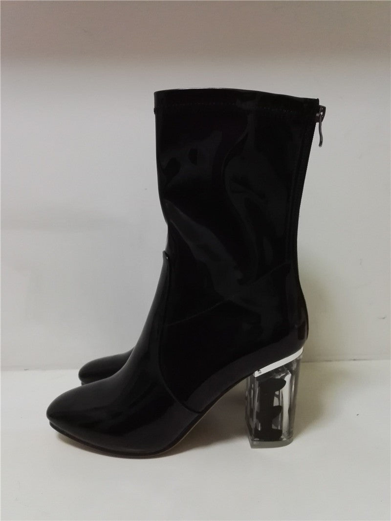 Patent Leather Transparent Perspex Square Heel Ankle Boots