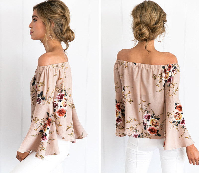 Off the Shoulder Chiffon Blouse Sexy Summer Flowered Print Flared Sleeve