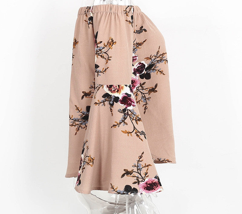 Off the Shoulder Chiffon Blouse Sexy Summer Flowered Print Flared Sleeve