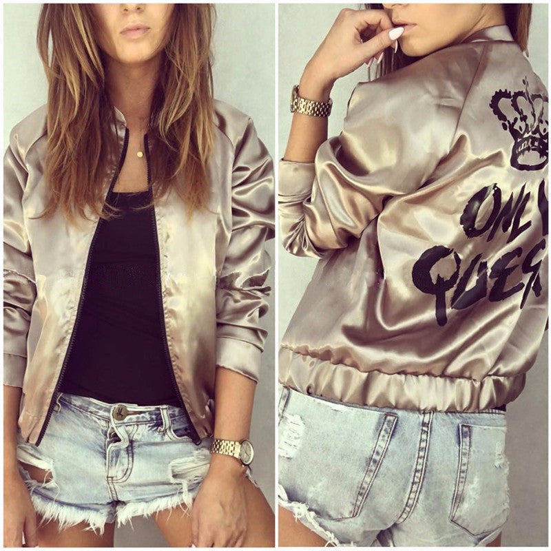 Bomber Jacket "Only Queen" Crown Letter Print Zipper Glossy Satin Silk