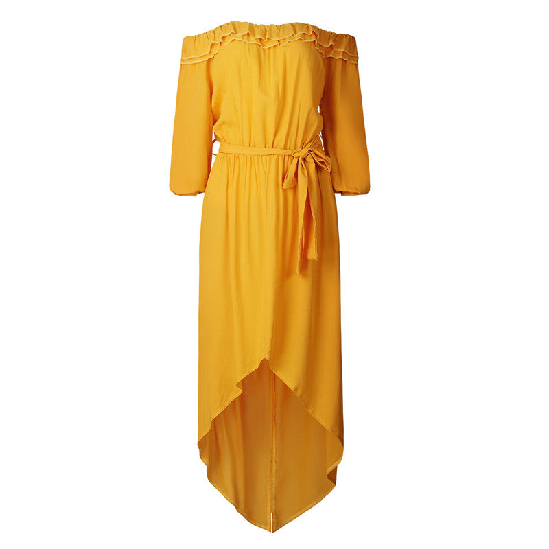 New Bohemian off the Shoulder Ruffles Summer Beach Long Maxi Yellow Split Dress