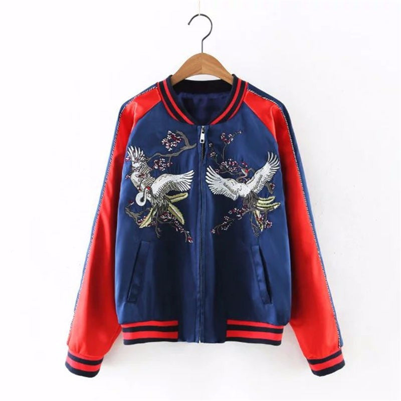 New Fall Women Vintage Flower Red Crane Embroidered Bomber Jacket
