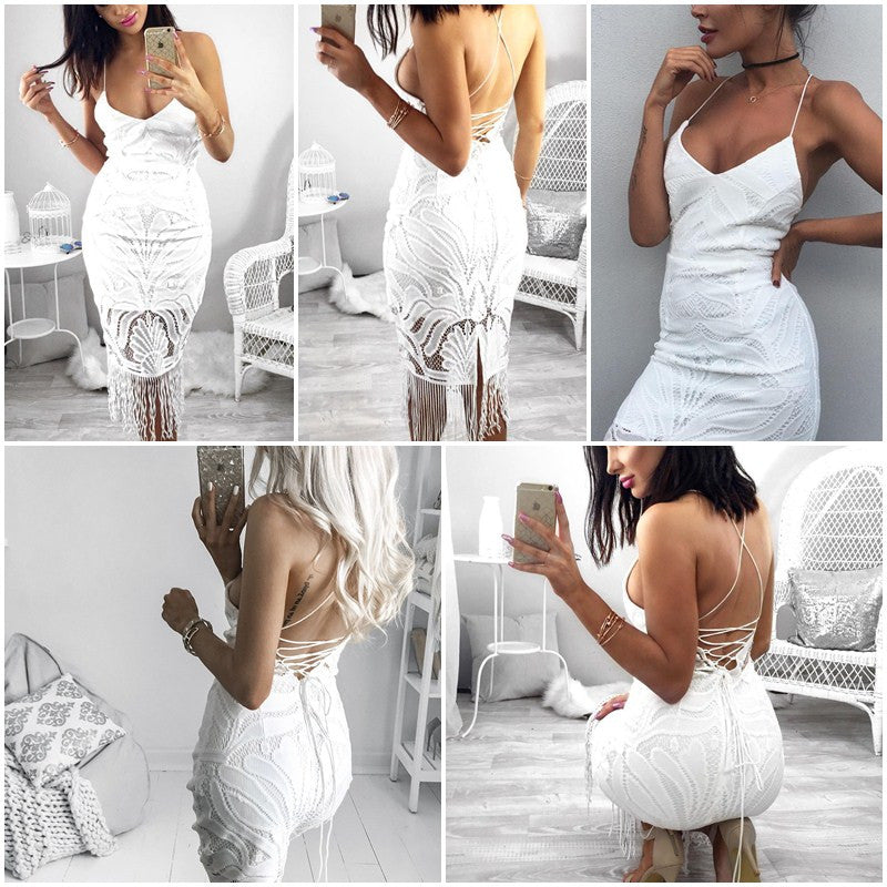 Backless Hollow Out Sexy Lace V Neck Back Zipper Summer Beach Dress