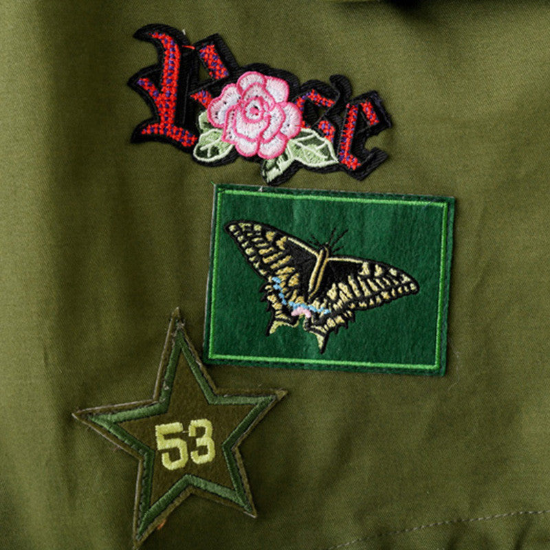 Army Green Floral Embroidery Bomber Jacket