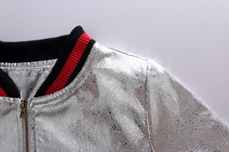 New Fashion Stand Collar Silver PU Bomber Jacket