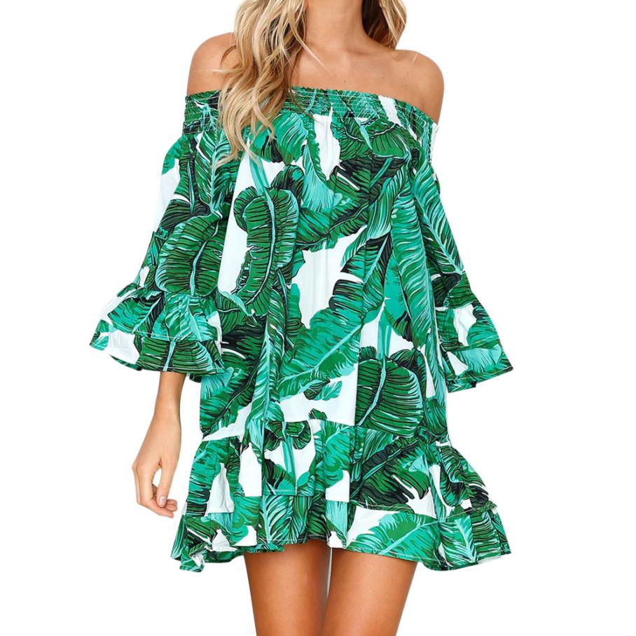 Green Leaves Printing Sexy Off the Shoulder Ruffles Dress