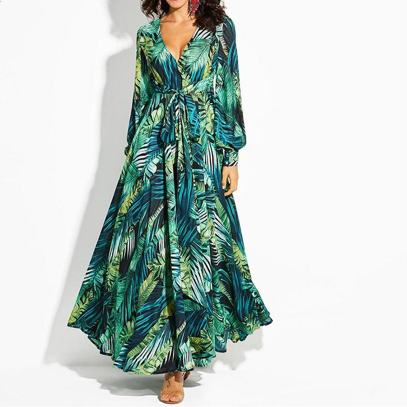 Tropical Print Long Sleeve Vintage Maxi Boho V-Neck Tunic Draped Dress