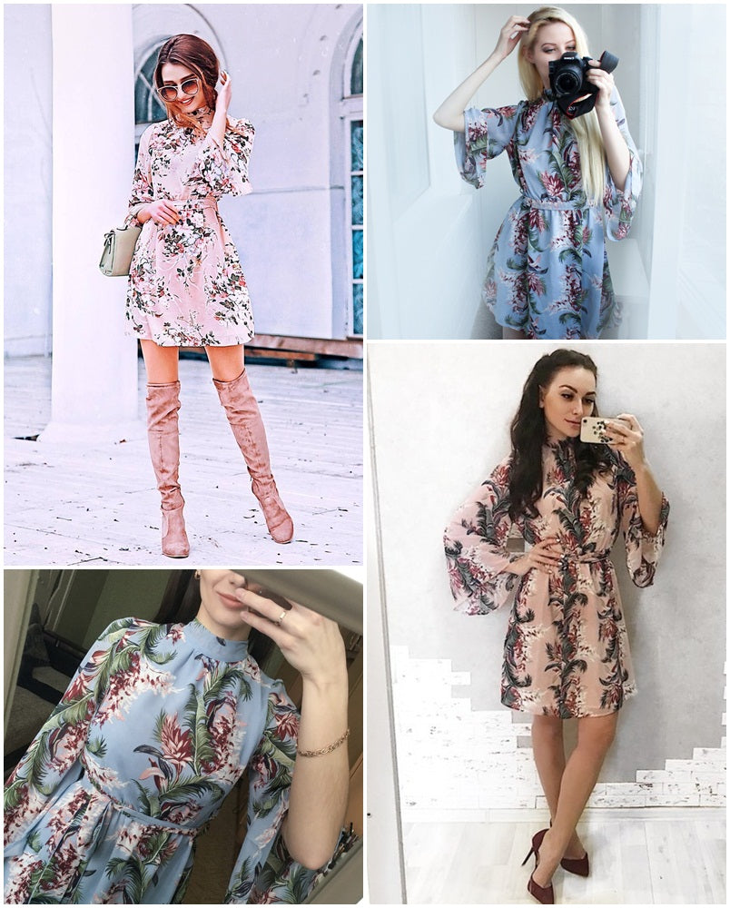 Backless Floral Print Chiffon Flared Sleeve Short Summer Dress