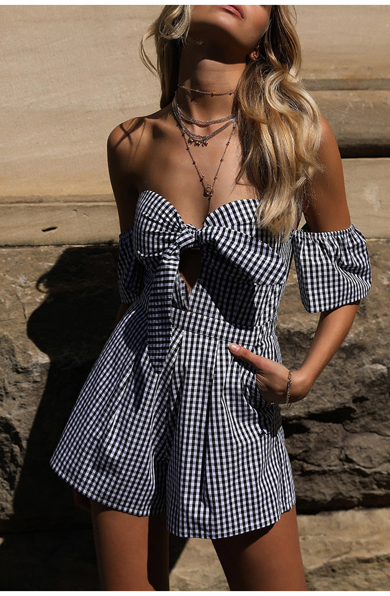 Off the shoulder plaid romper jumpsuit Sexy Bow High waist shorts